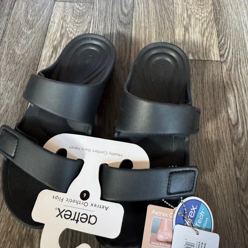 Aetrex Kaia Orthotic Slides Women Size 6 Black Adjustable Strap Sandals NEW